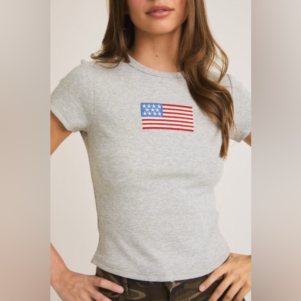 Embroidered American Flag Ribbed Baby Tee - Le Lis - Picture 2 of 6